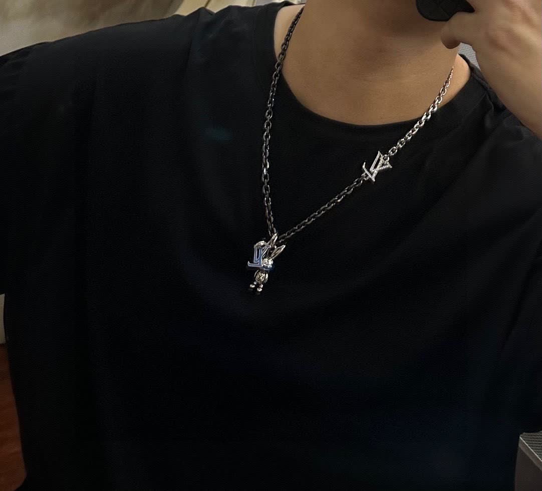 Louis Vuitton Silver Chain Necklace with LV Logo and Bunny Charm